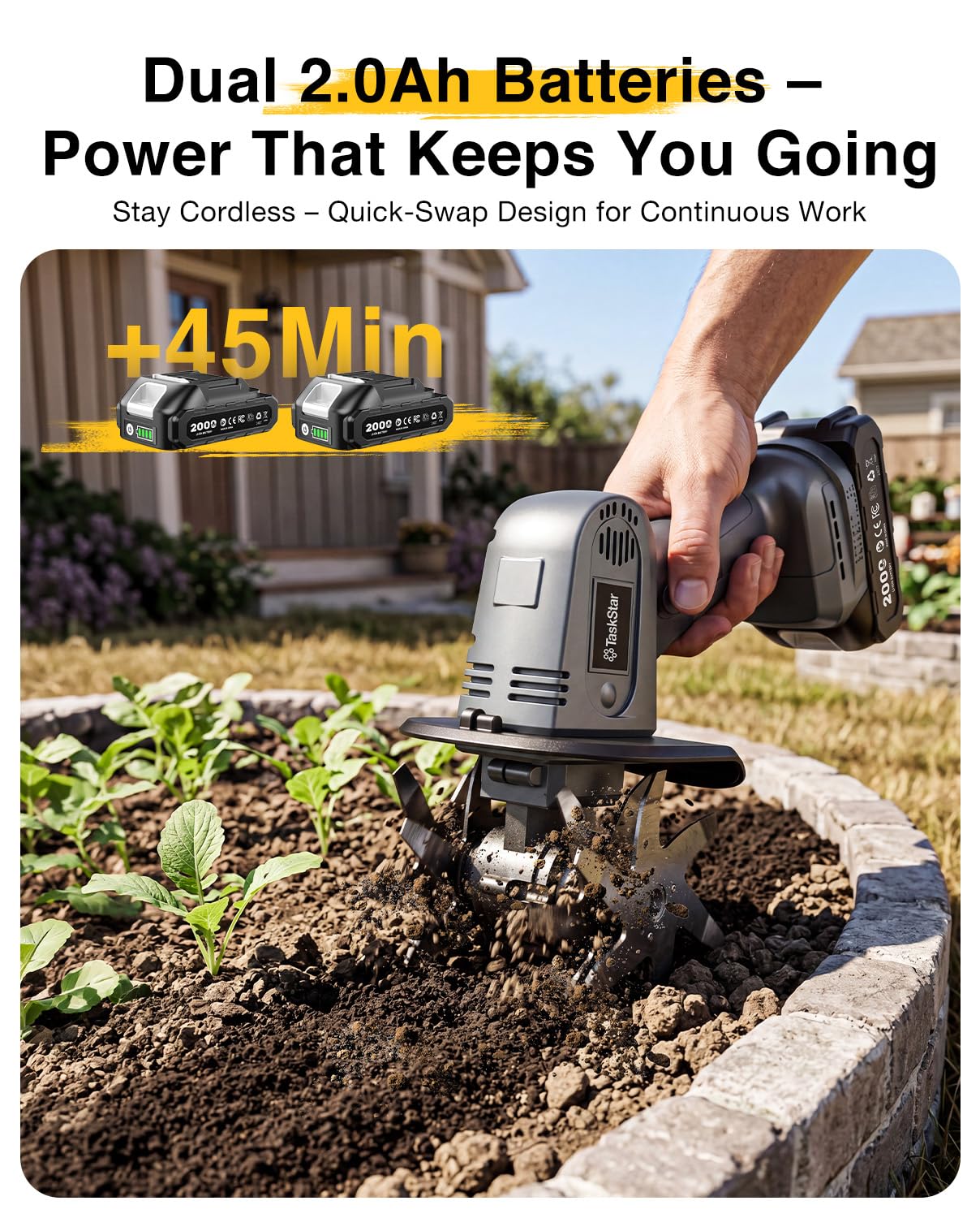 TaskStar Mini Cordless Tiller showing 4 inch width for tight spaces