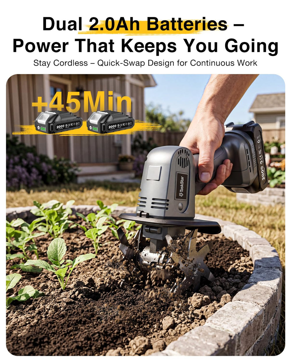 TaskStar Mini Cordless Tiller showing 4 inch width for tight spaces