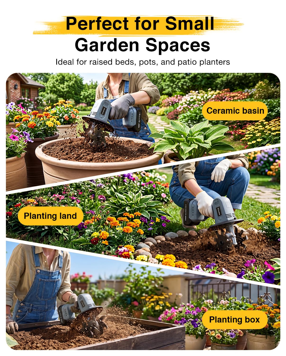 TaskStar Mini Cordless Tiller side view with ergonomic handle