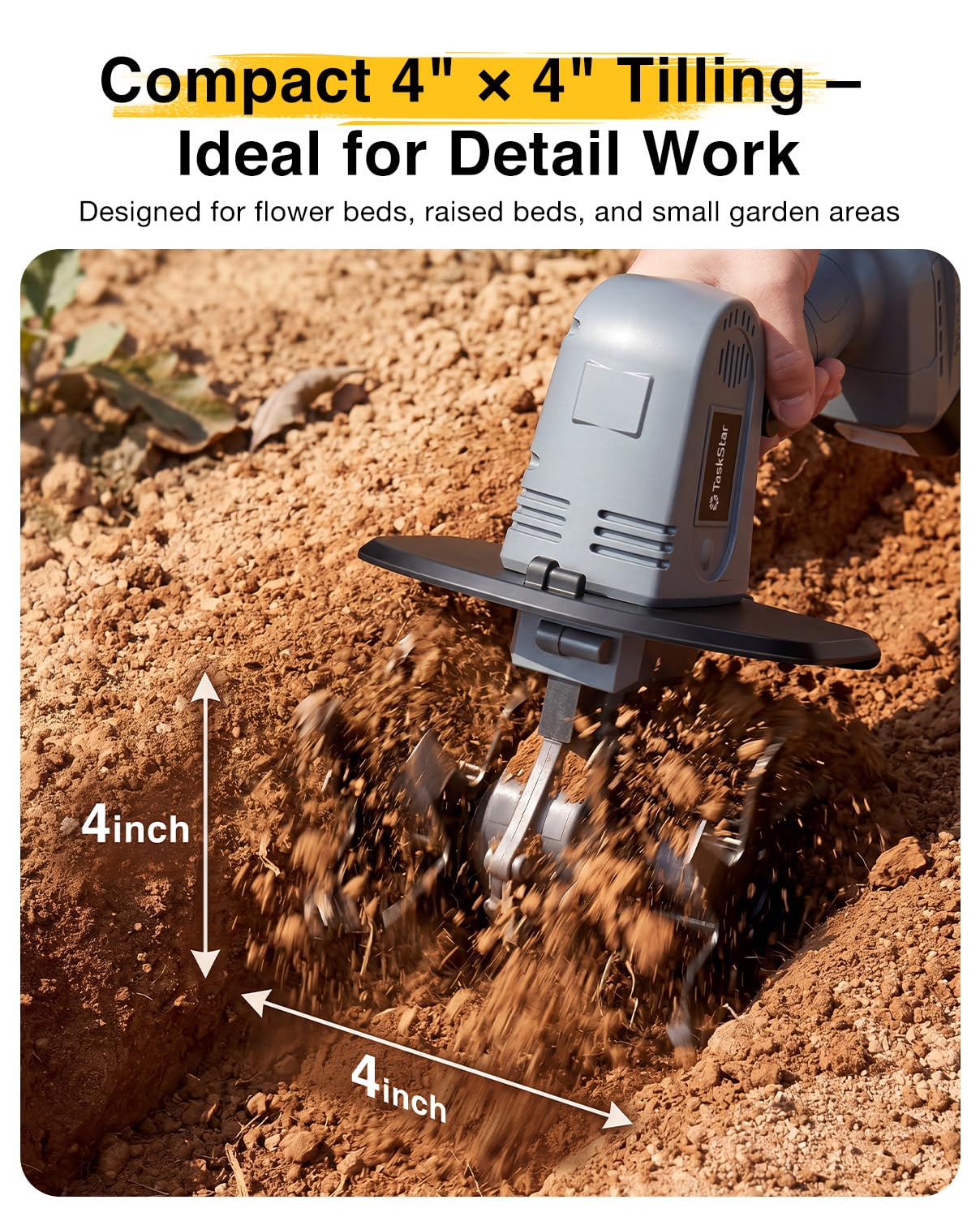 TaskStar Mini Cordless Tiller with safety lock feature highlighted