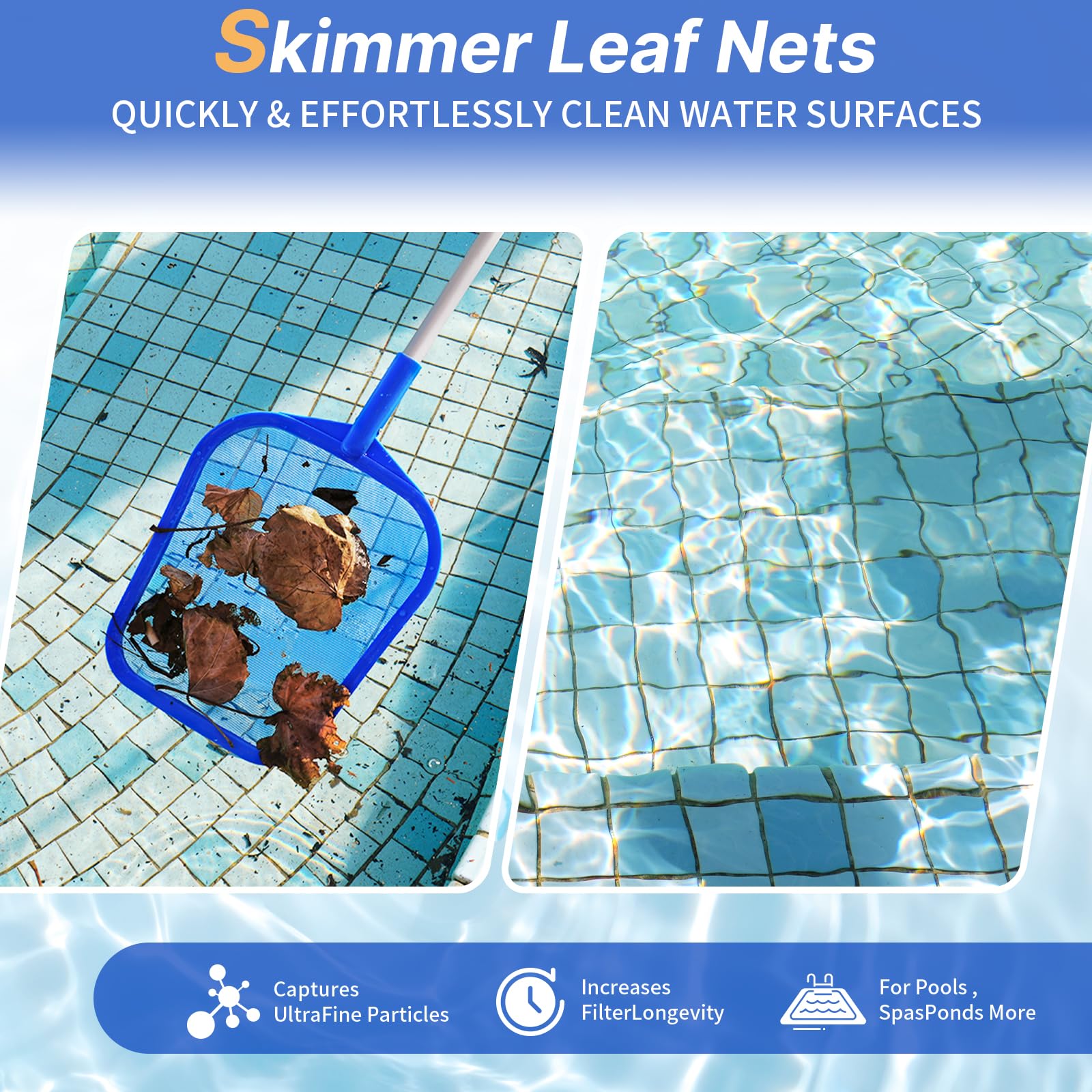 Tavaleu Pool Skimmer Net displayed with other cleaning tools