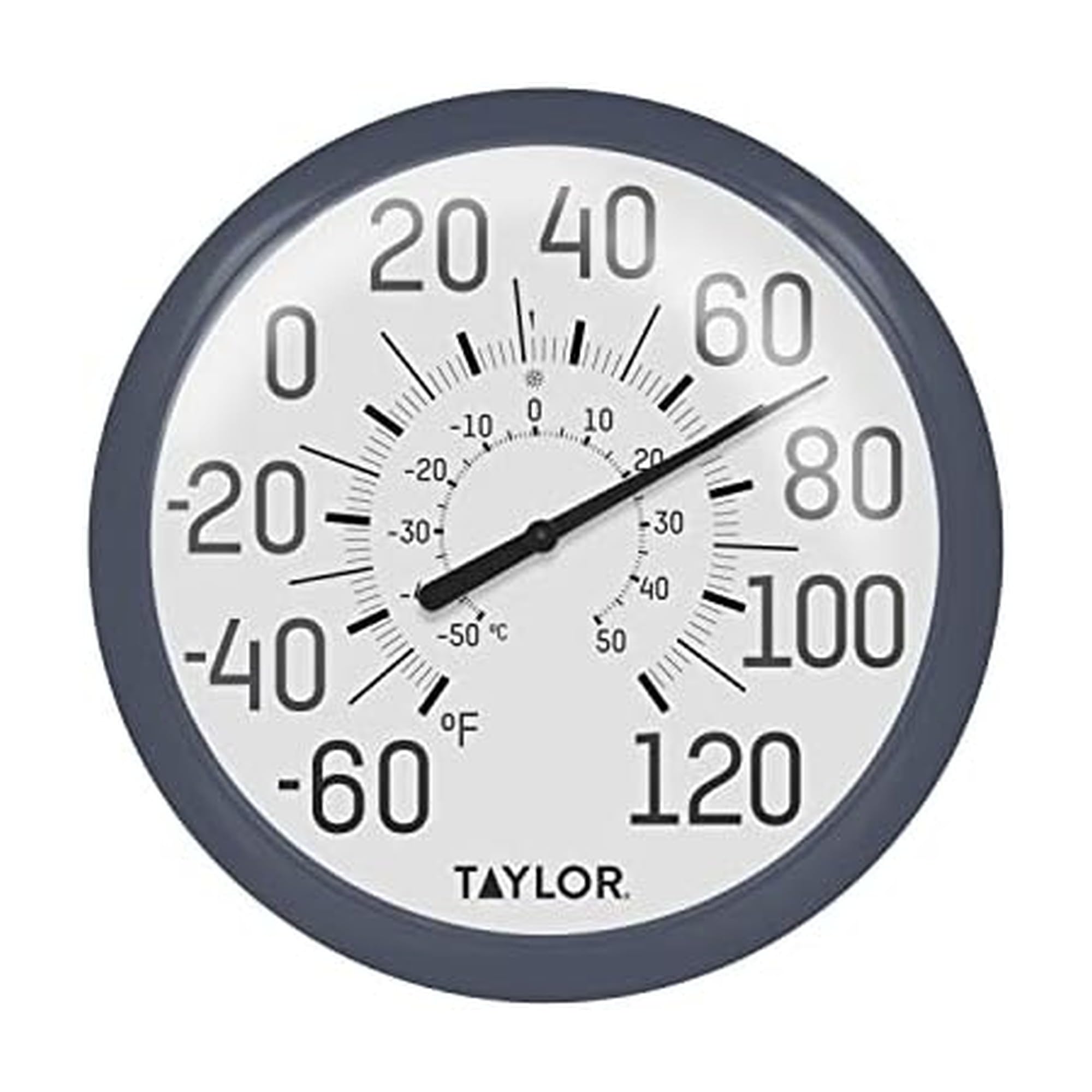 Taylor 13.25 Inch Indoor Outdoor Dial Thermometer front view with navy bezel