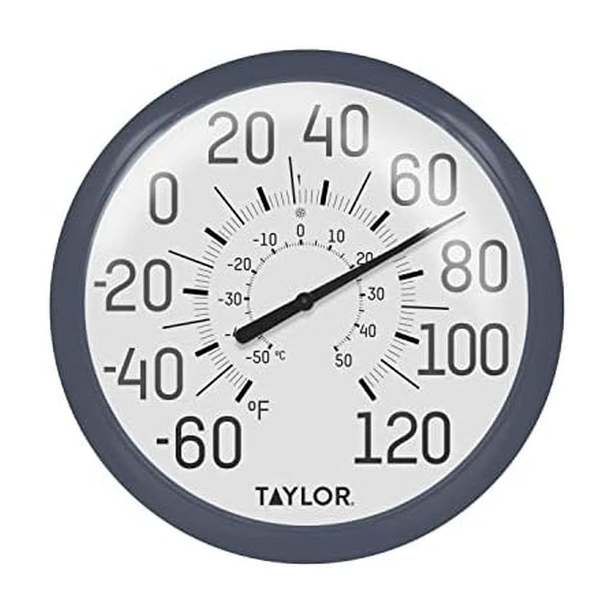 Taylor 13.25 Inch Indoor Outdoor Dial Thermometer front view with navy bezel