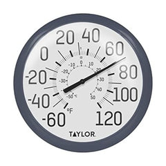 Taylor 13.25 Inch Indoor Outdoor Dial Thermometer front view with navy bezel