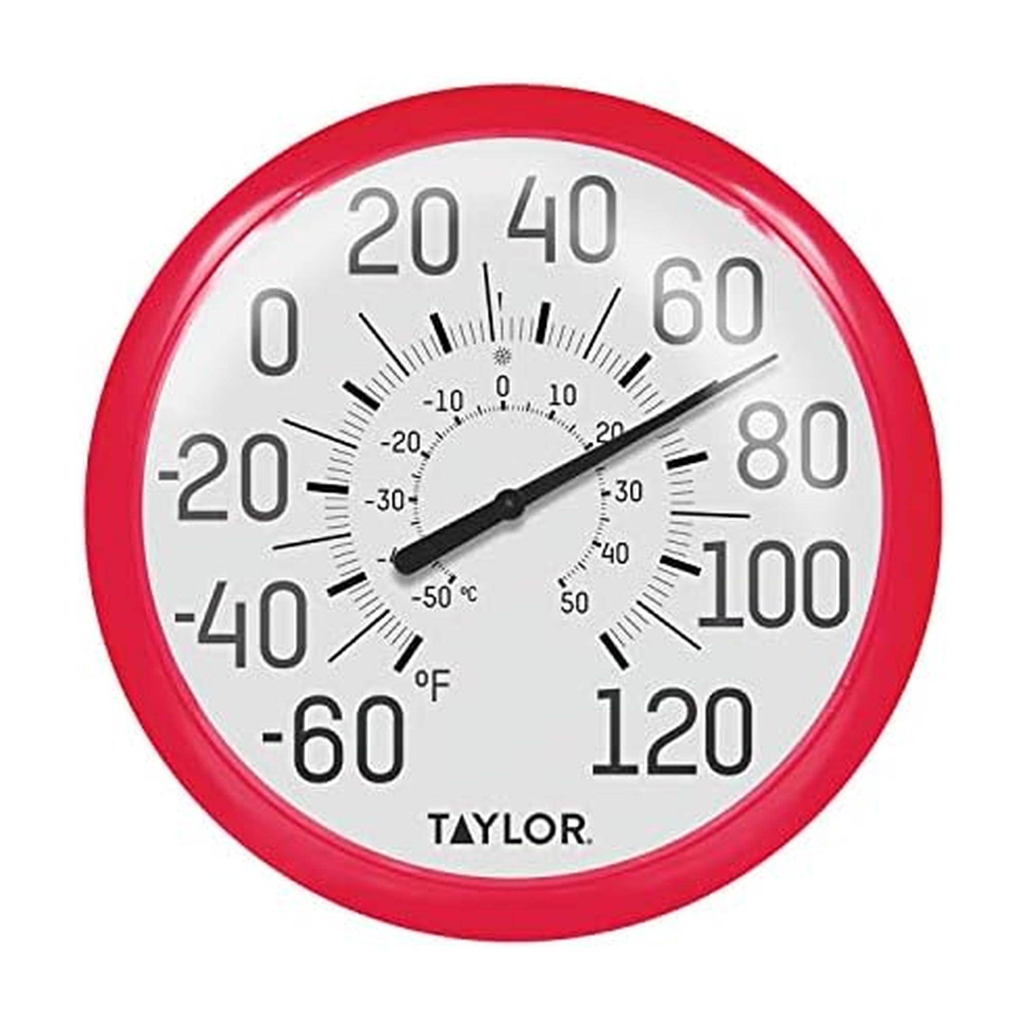 Taylor 13.25-inch wall dial thermometer front view with red bezel