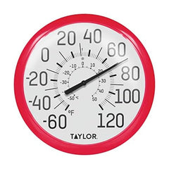 Taylor 13.25-inch wall dial thermometer front view with red bezel