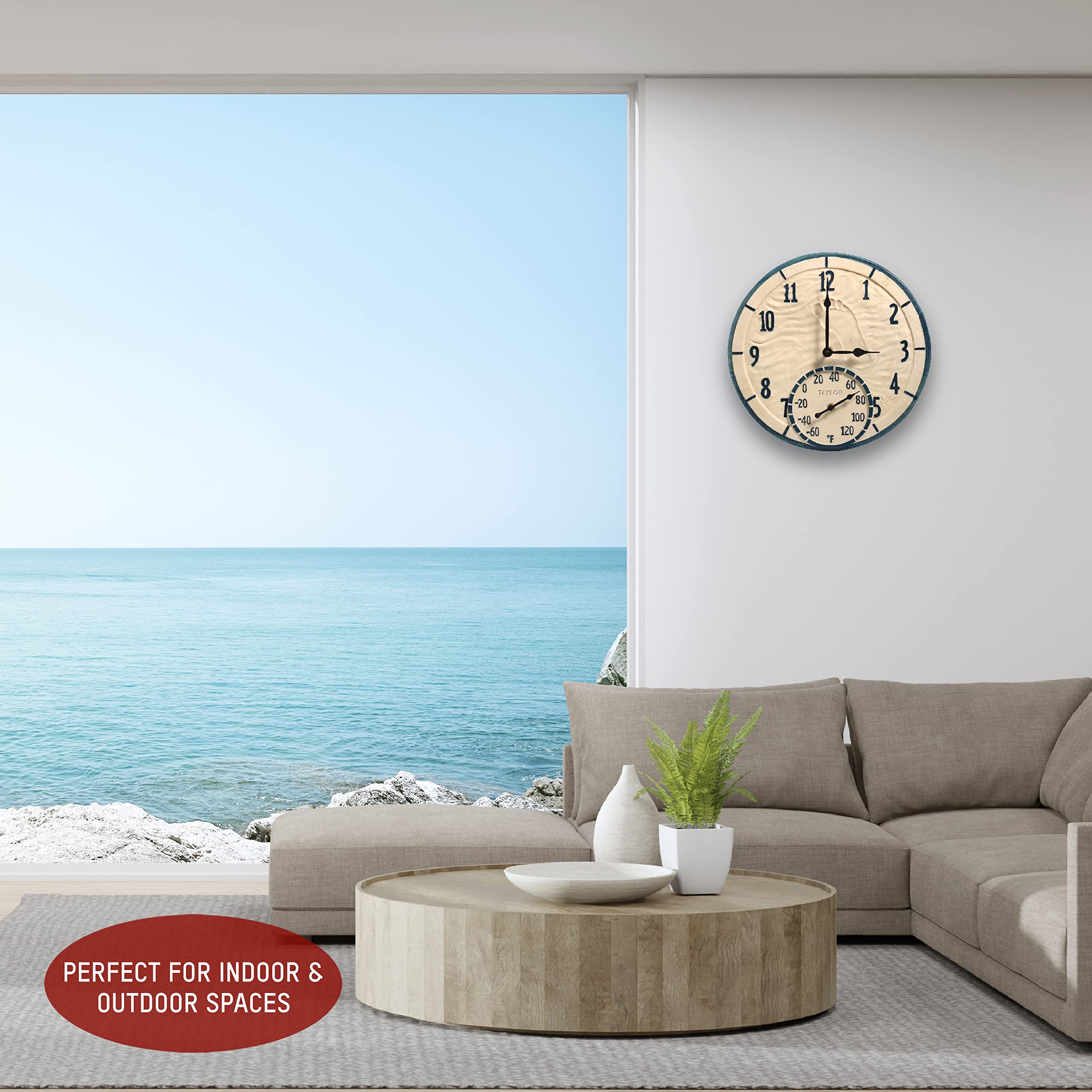 Taylor 14 Inch Clock with Thermometer displayed in a patio setting