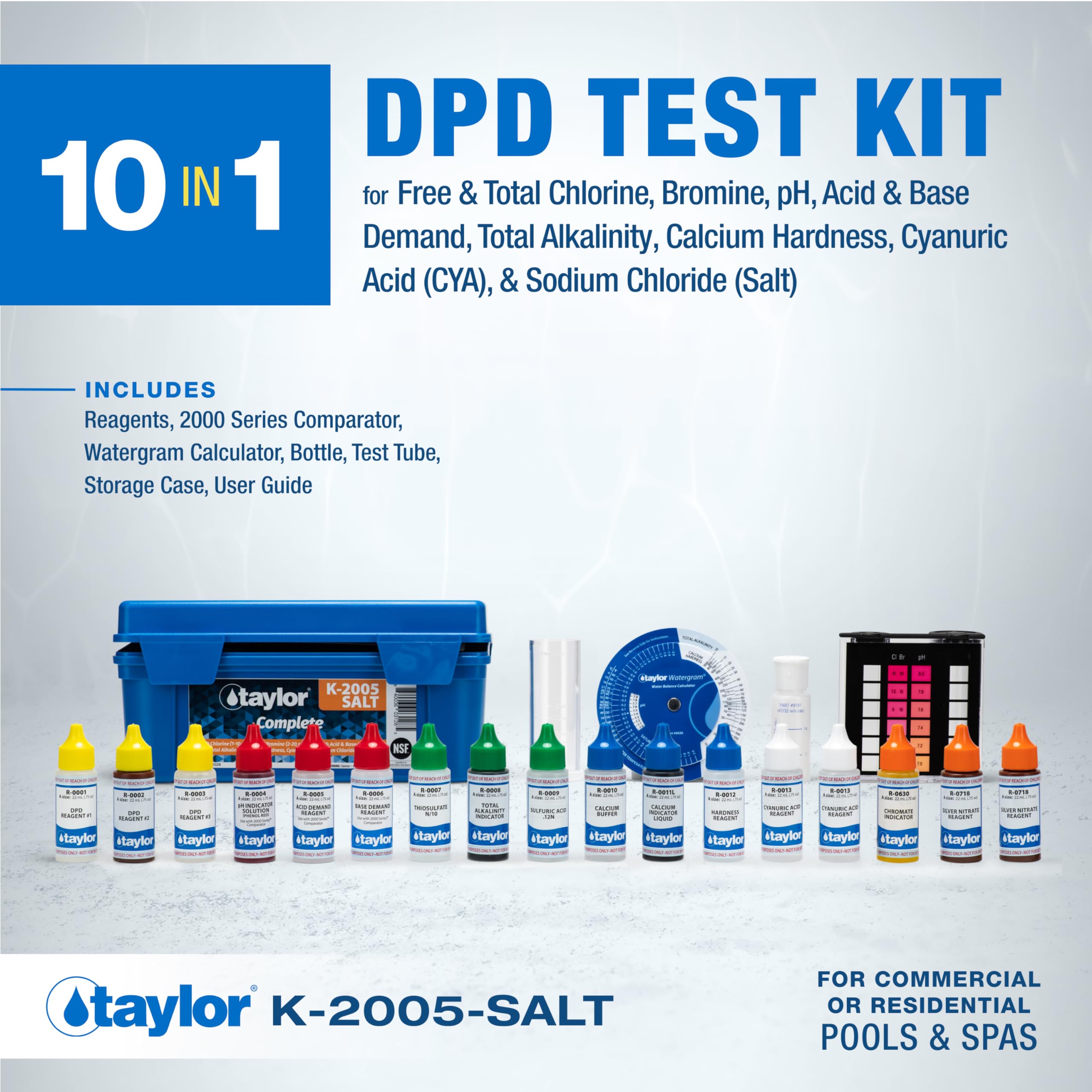 Taylor K-2006-SALT kit contents including reagents and comparator