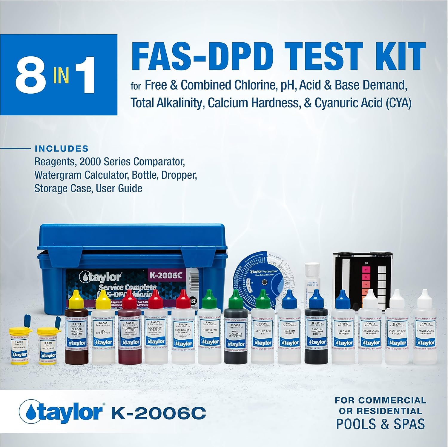 Taylor K-2006C Test Kit contents including reagent bottles