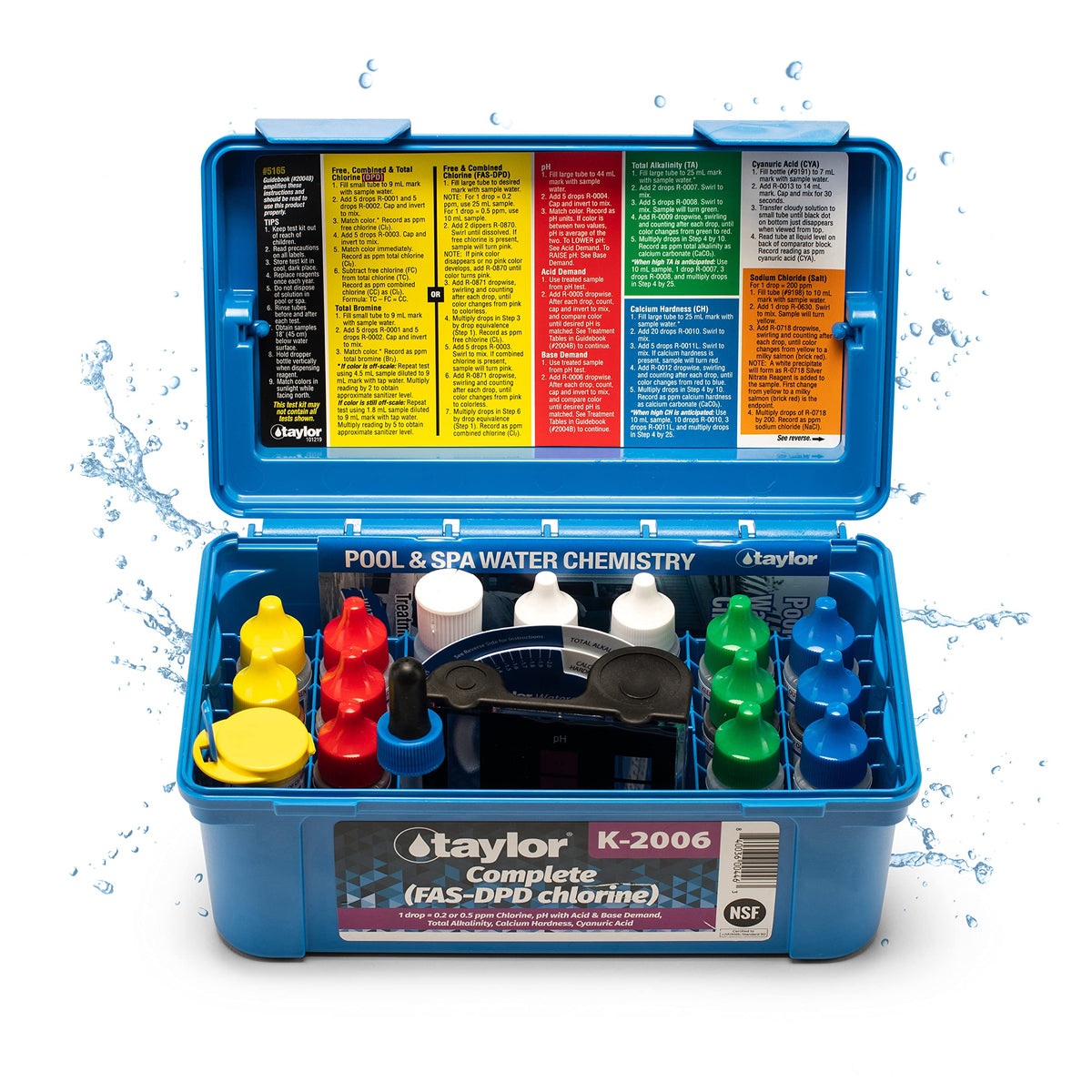 Taylor Pool Water Test Kit K-2006 front view with complete testing solution