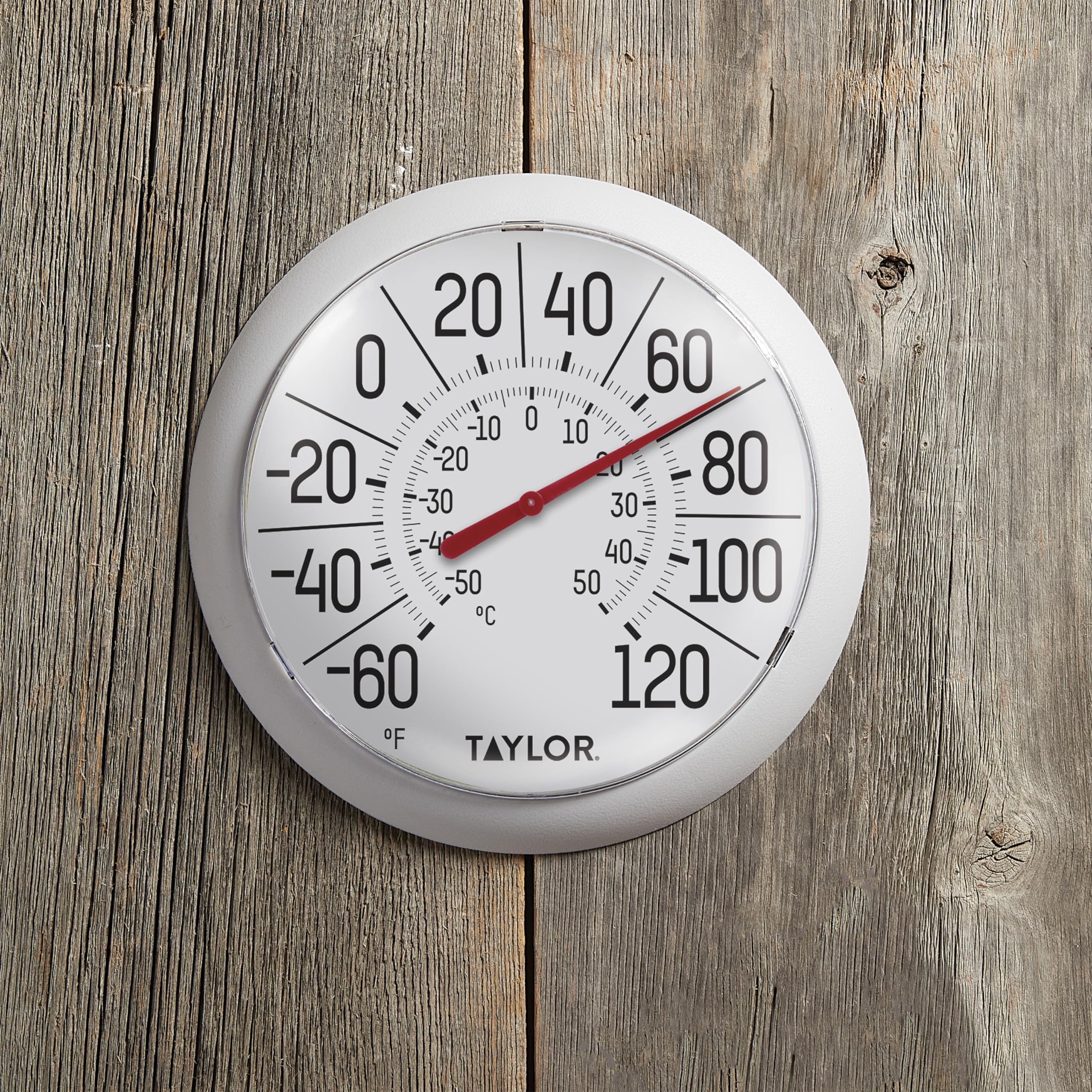 Taylor thermometer in a greenhouse setting showing temperature readings