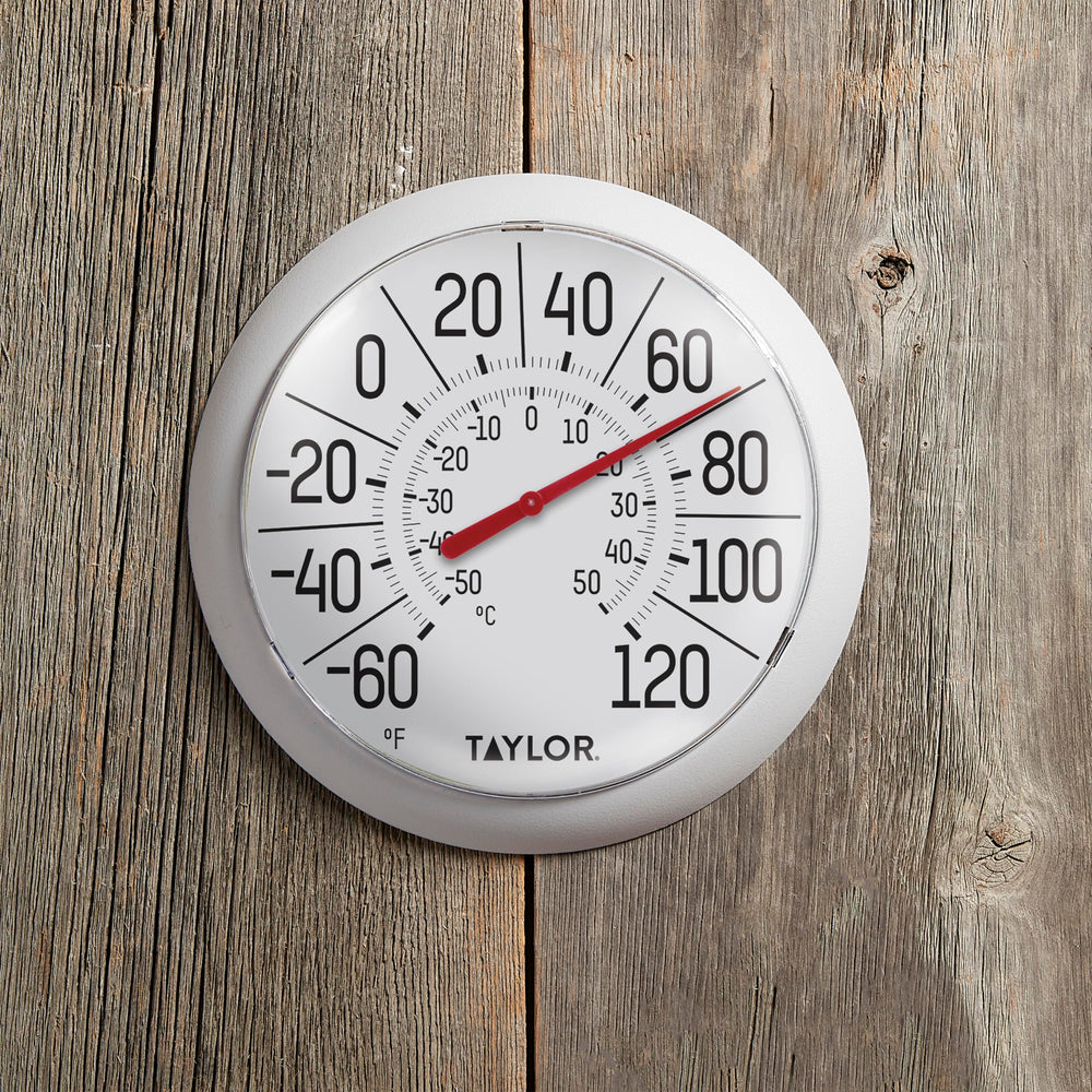 Taylor thermometer in a greenhouse setting showing temperature readings