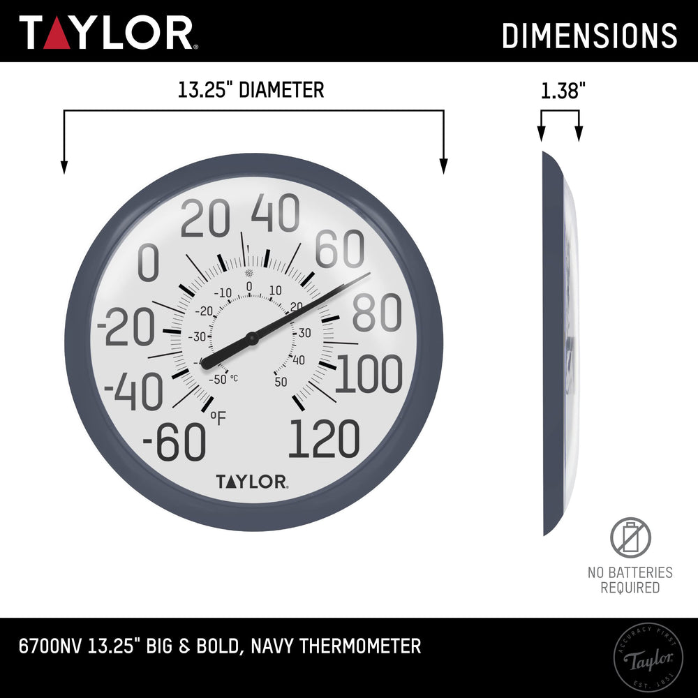Taylor thermometer mounted on a wall in a garden setting