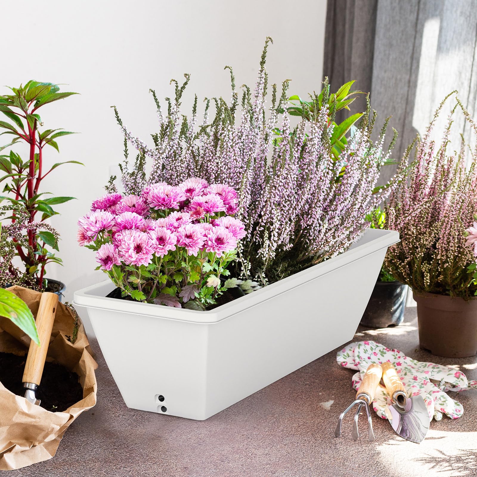Tcevily 24 Inch White Window Planter Box with flowers