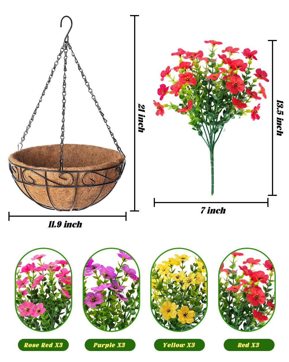 TDHDIKE Faux Hanging Flowers Basket displayed on patio