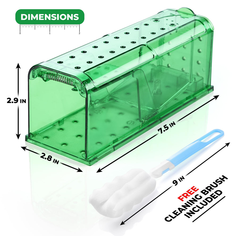 Teal Elite mouse trap showing the bait area and spring door