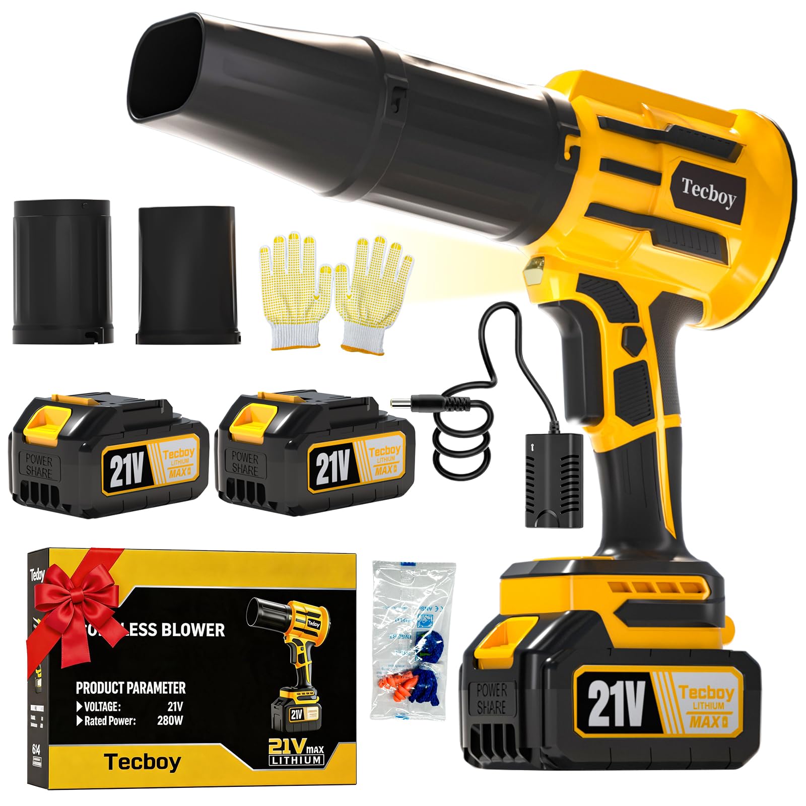 Tecboy Handheld Cordless Leaf Blower front view, bright yellow