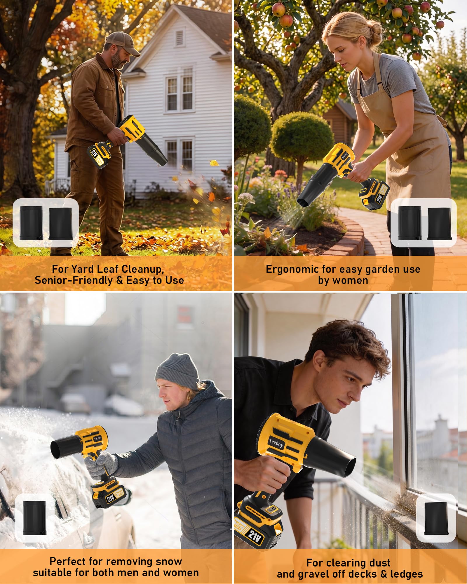 Tecboy Leaf Blower with interchangeable nozzles shown