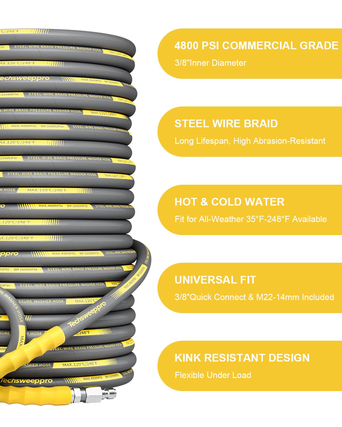 TechSweepPro pressure washer hose with 3/8" quick connect fittings close-up