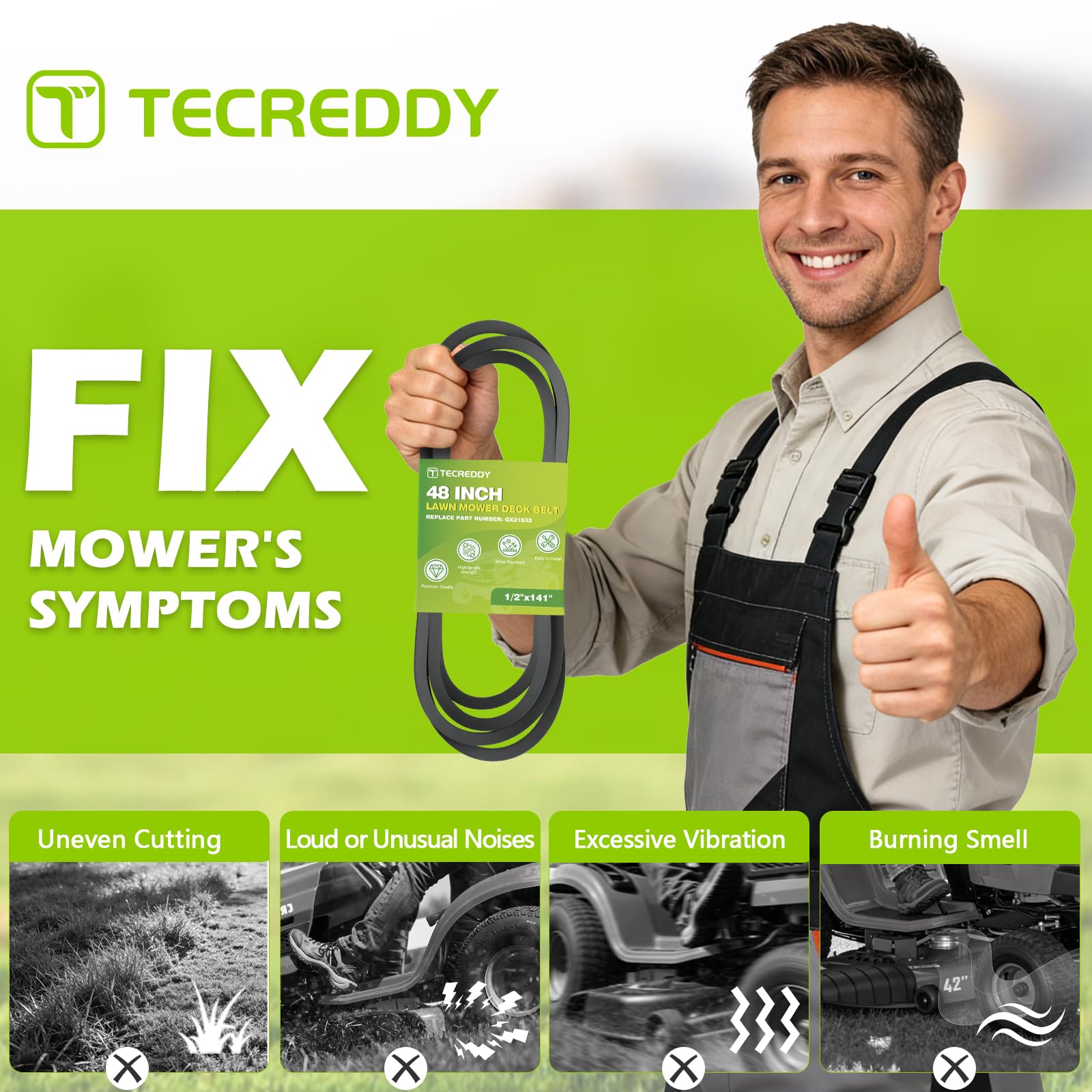 Tecreddy GX21833 Mower Deck Belt dimensions on measuring tape