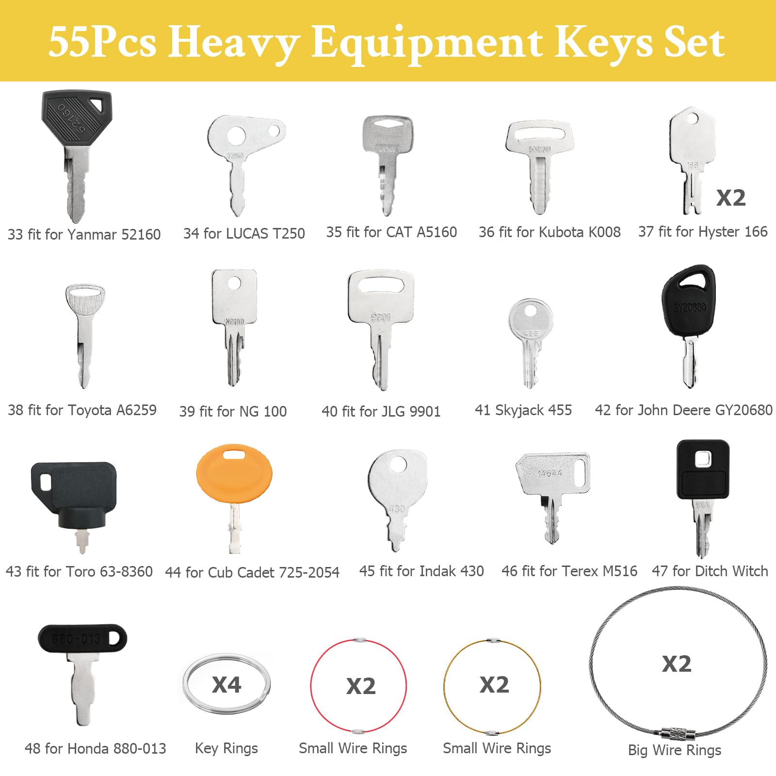 Tecreddy heavy equipment keys displayed on a workbench