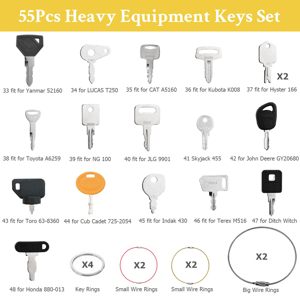 Tecreddy heavy equipment keys displayed on a workbench