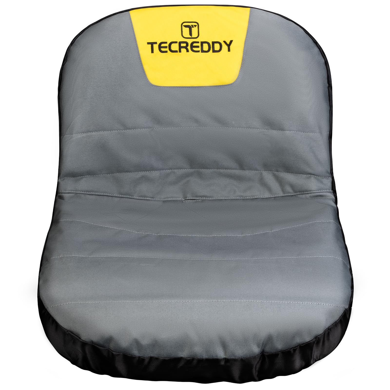 Tecreddy Lawn Mower Seat Cover front view, gray and yellow