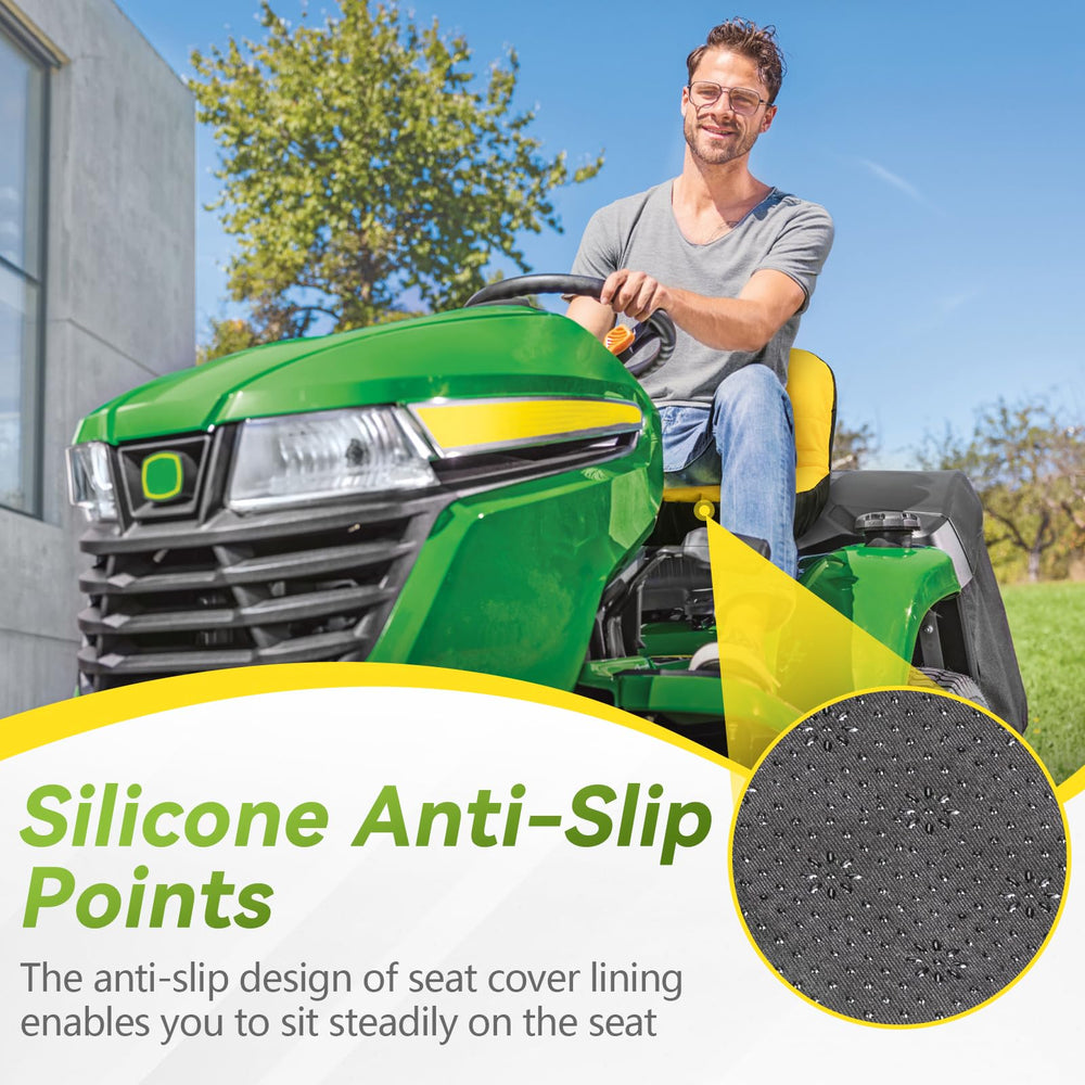 Tecreddy lawn mower seat cover installed on a John Deere mower