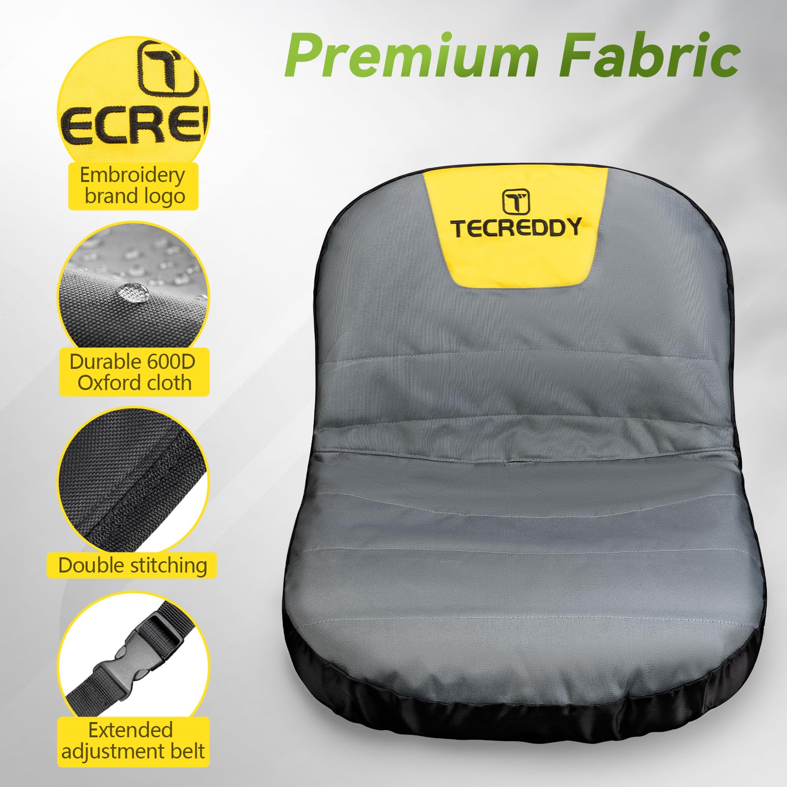 Tecreddy Lawn Mower Seat Cover side view, showcasing elastic hem