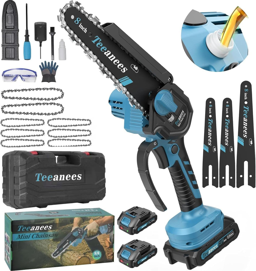 TEEANEES Mini Chainsaw blue model front view with 8-inch and 6-inch guide bars