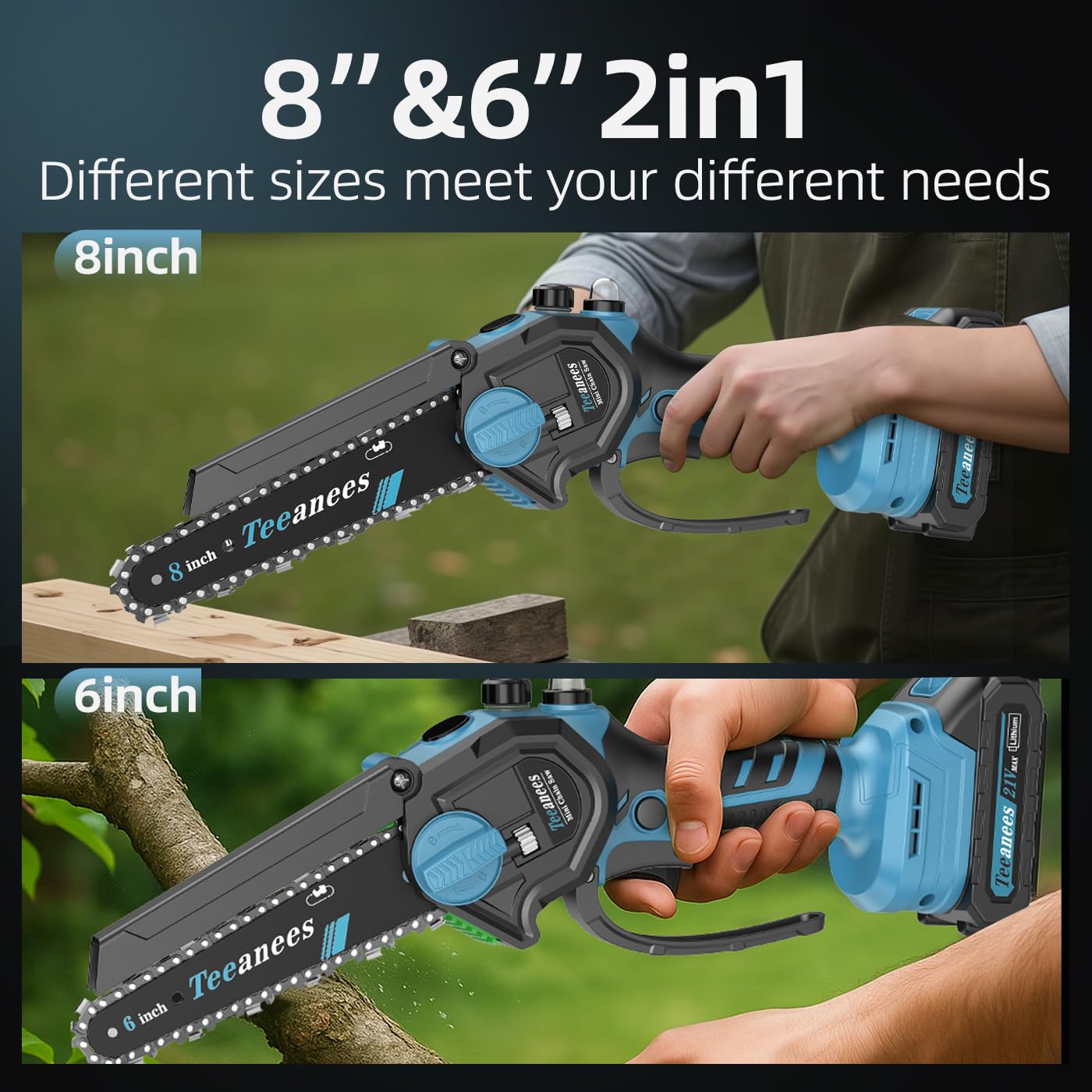 TEEANEES Mini Chainsaw blue model with tools and accessories