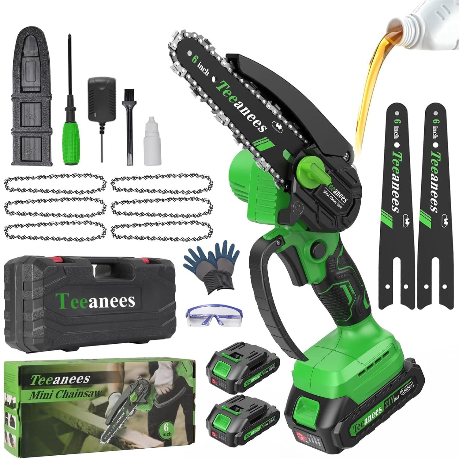TEEANEES Mini Chainsaw cordless 6-inch front view