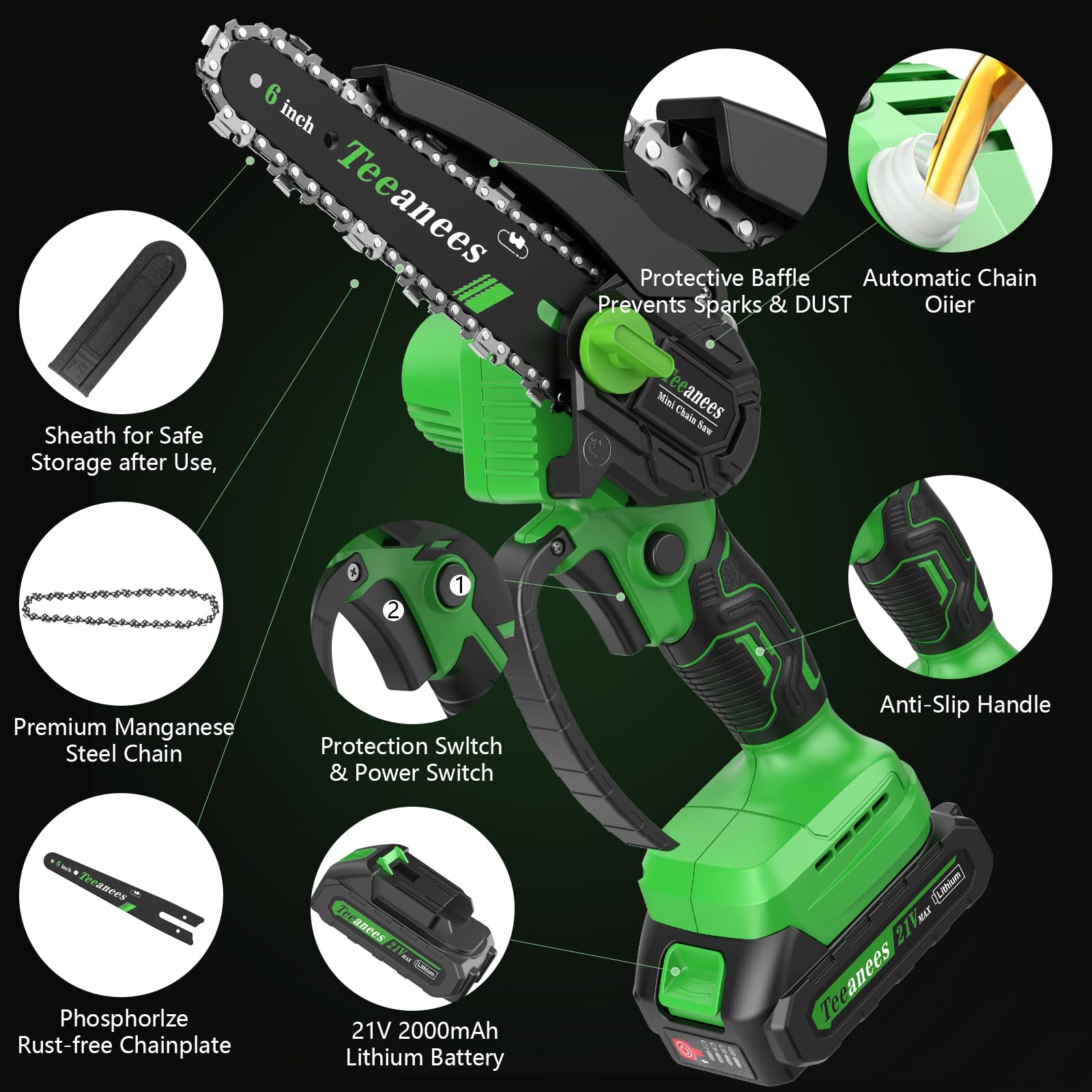 TEEANEES Mini Chainsaw ergonomic handle close-up