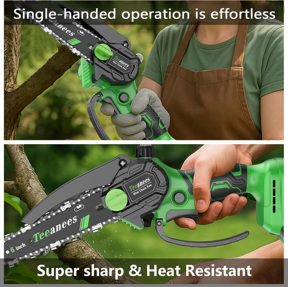 TEEANEES Mini Chainsaw in use for tree trimming
