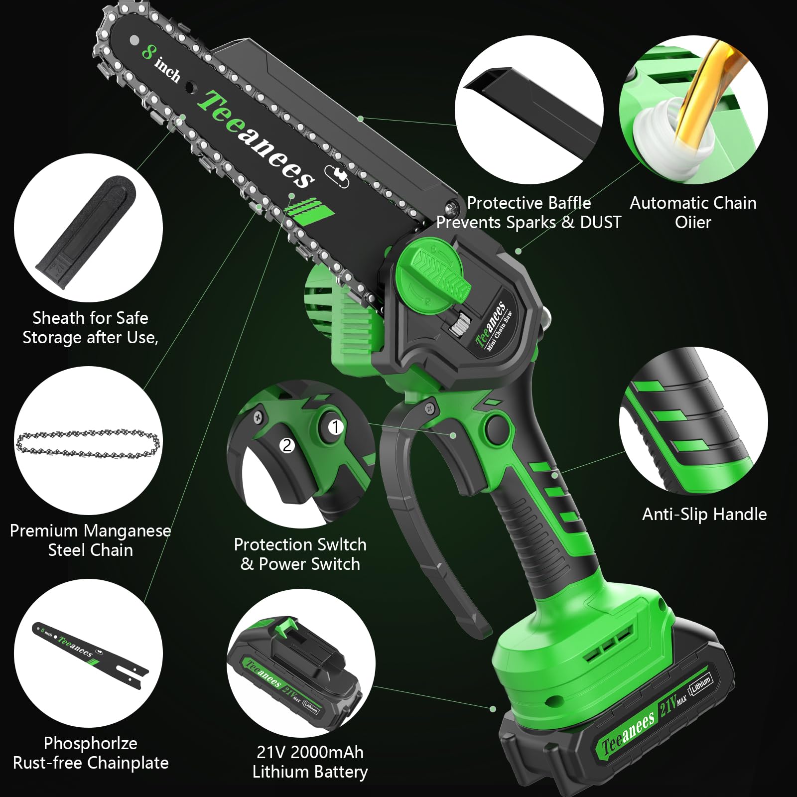 TEEANEES Mini Chainsaw with all accessories displayed