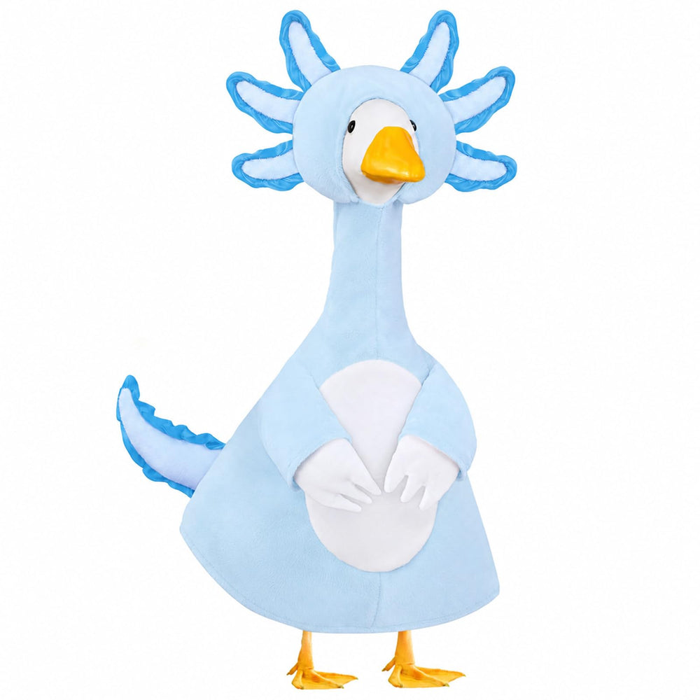Teeanzo Axolotl goose outfit front view in blue fabric
