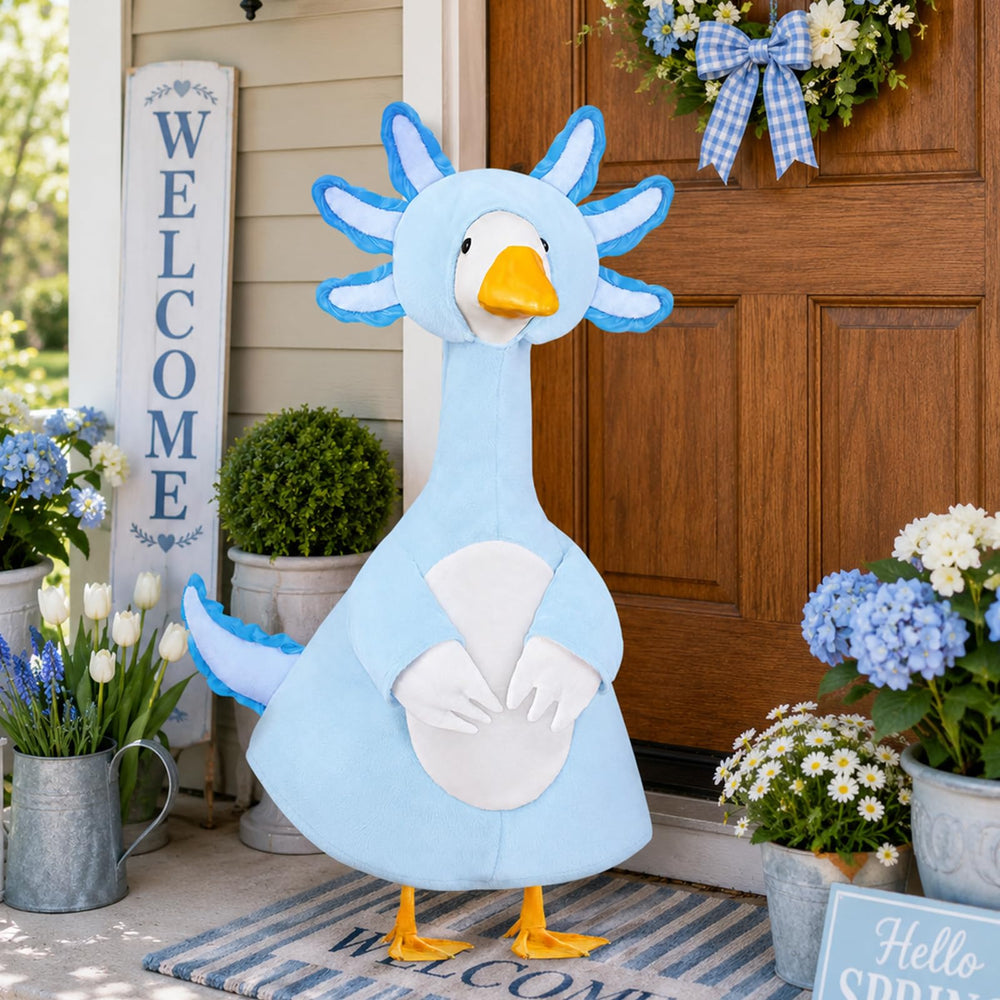 Teeanzo Axolotl goose outfit in a festive garden setting