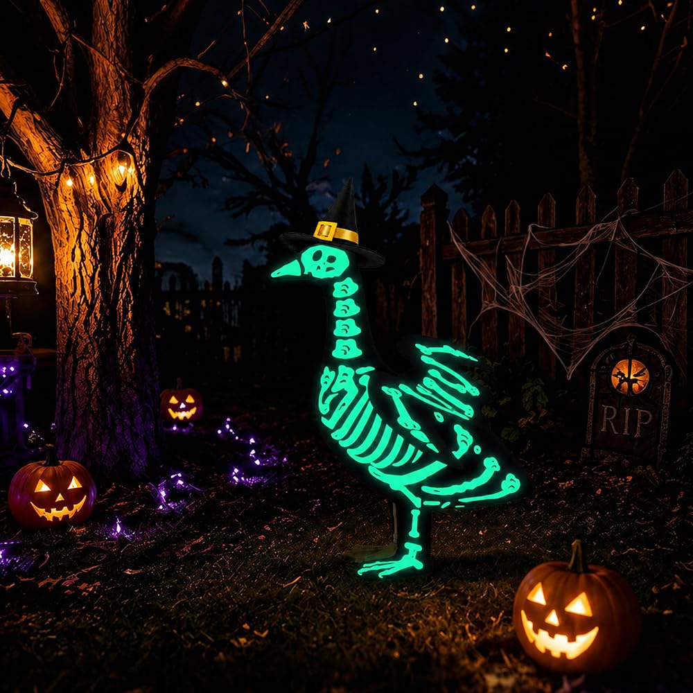 Teeanzo Halloween Skeleton Goose Outfit glowing at night