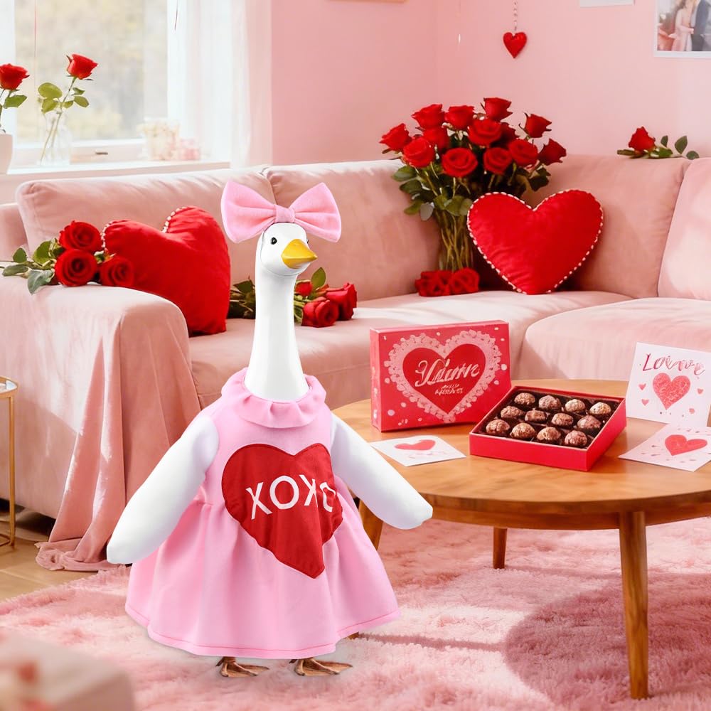 Teeanzo Valentine's Day Goose Outfit shown on a lawn goose statue