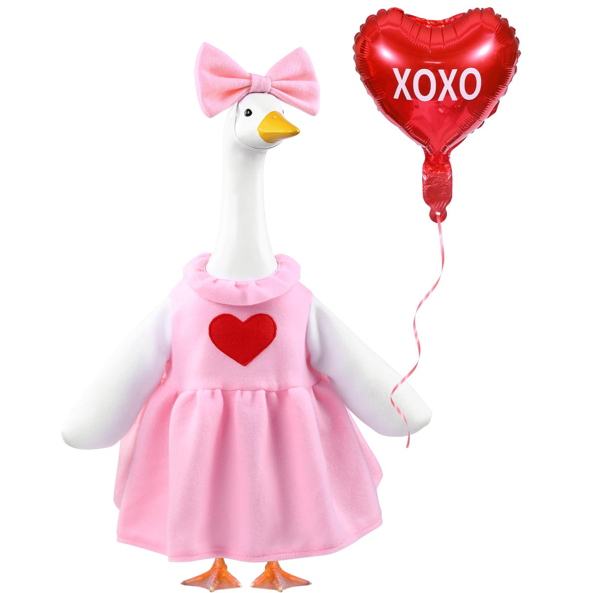 Teeanzo Valentine's Day Goose Outfit with pink bow and red heart balloon