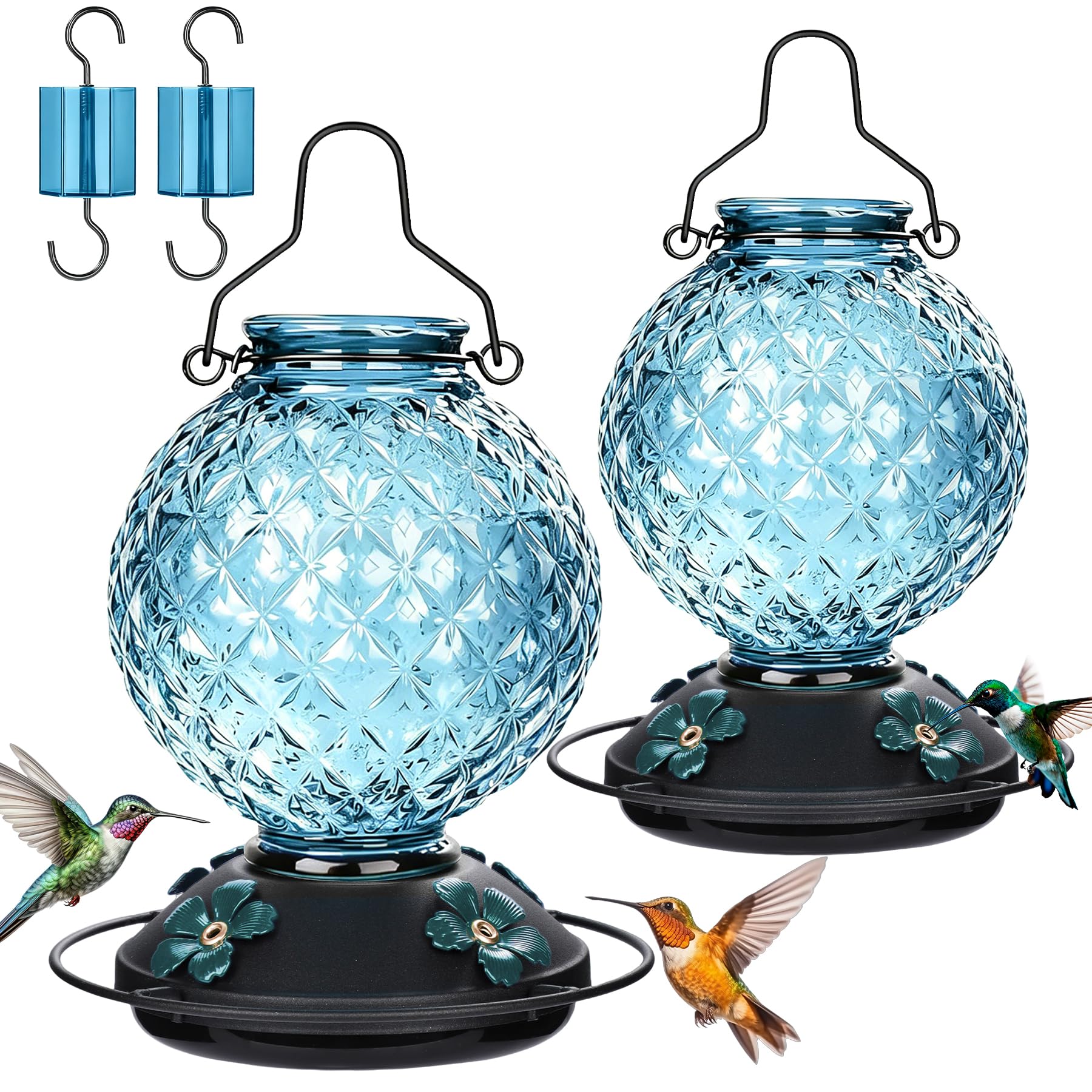 Tegarbed 25 OZ glass hummingbird feeder front view with blue design