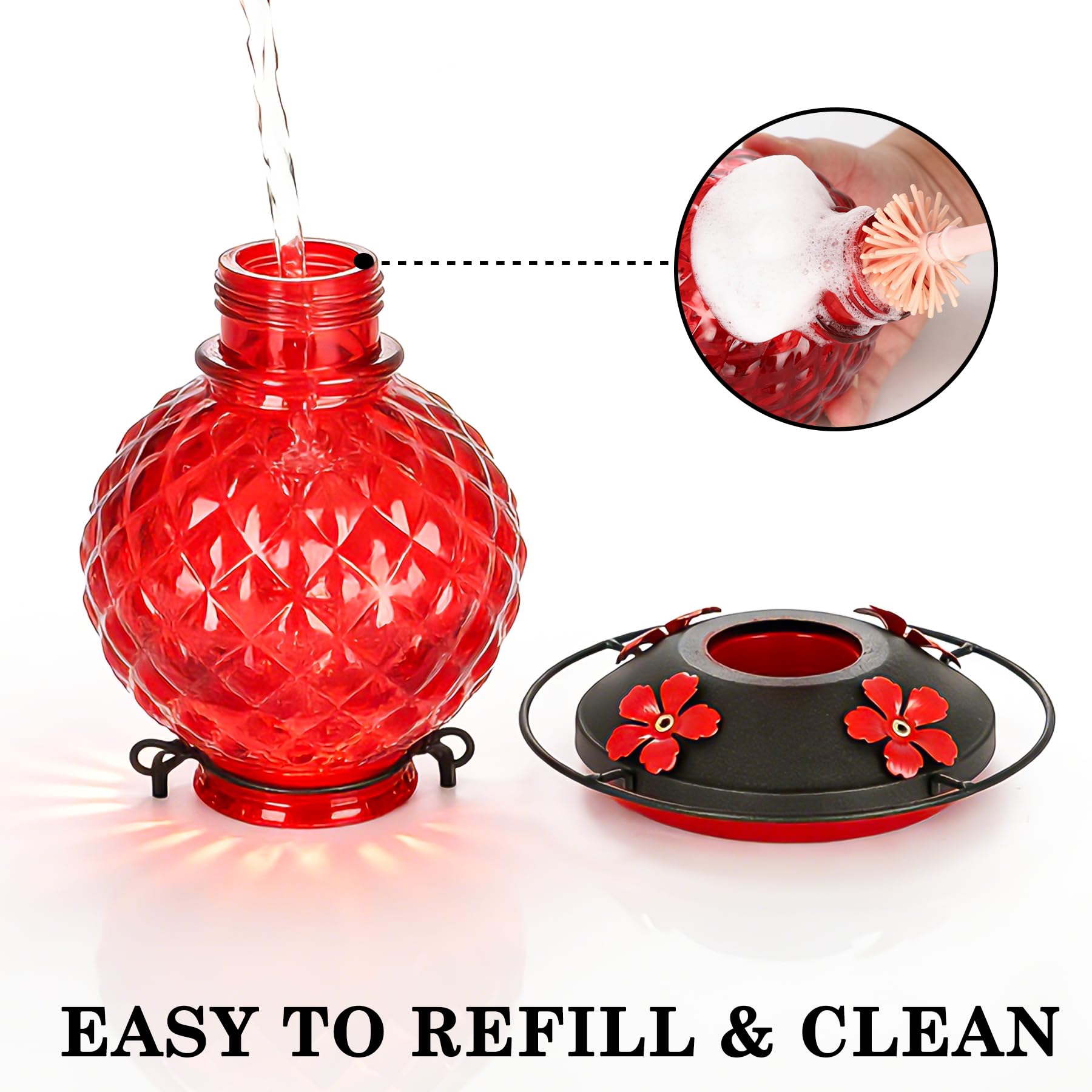 Tegarbed 25 OZ Glass Hummingbird Feeder with ant moat and hook