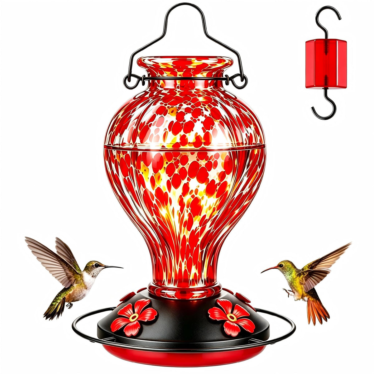 Tegarbed Hand Blown Glass Hummingbird Feeder front view with red polka dots