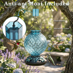Tegarbed hummingbird feeder with ant moat and feeding ports