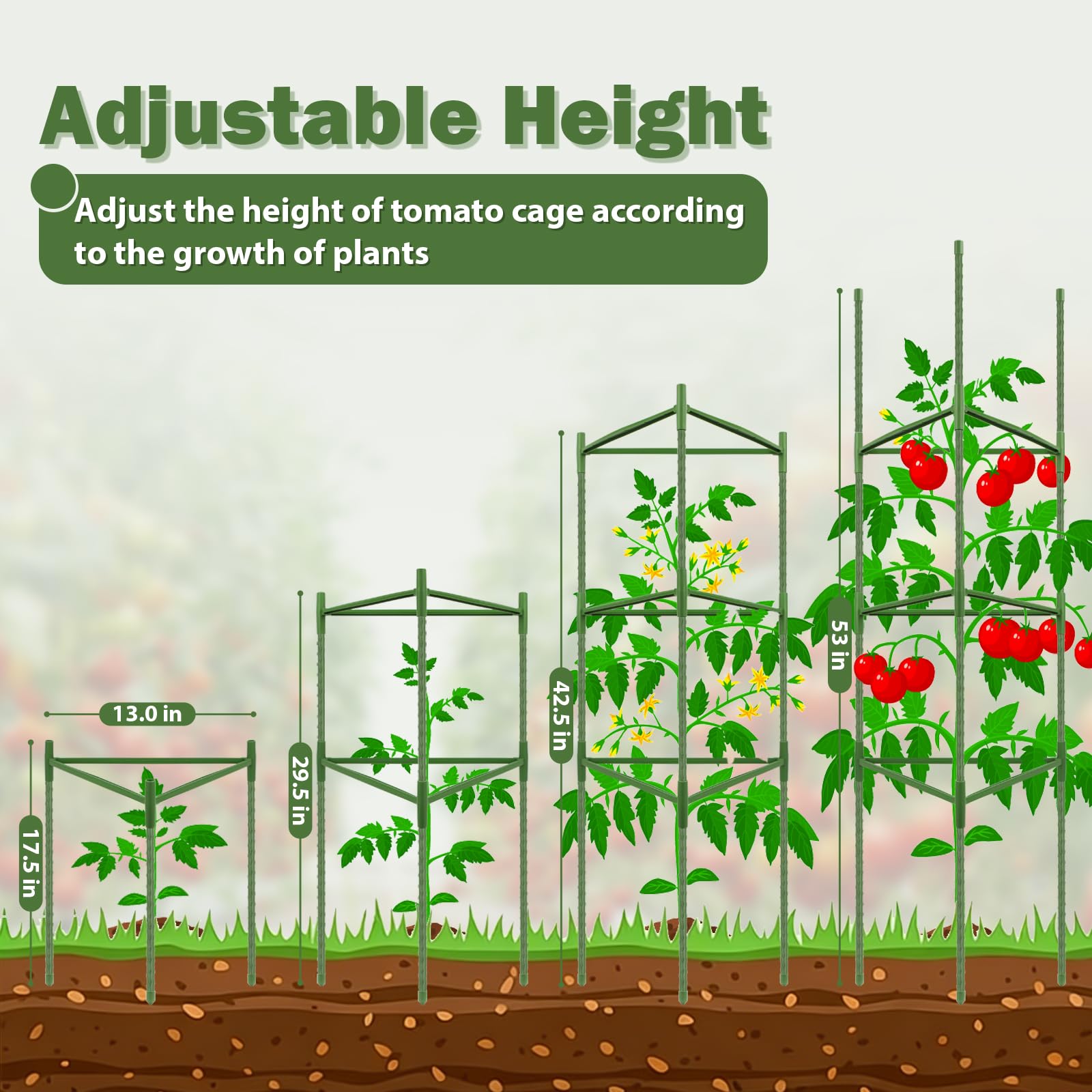 Tegarbed tomato cage assembled in a garden with climbing plants