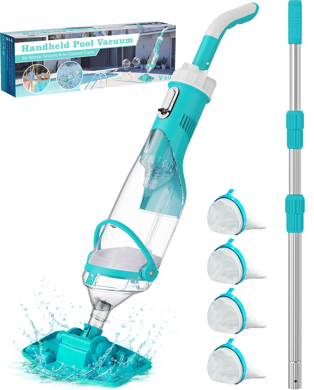 Teguy Cordless Pool Vacuum front view with telescopic pole