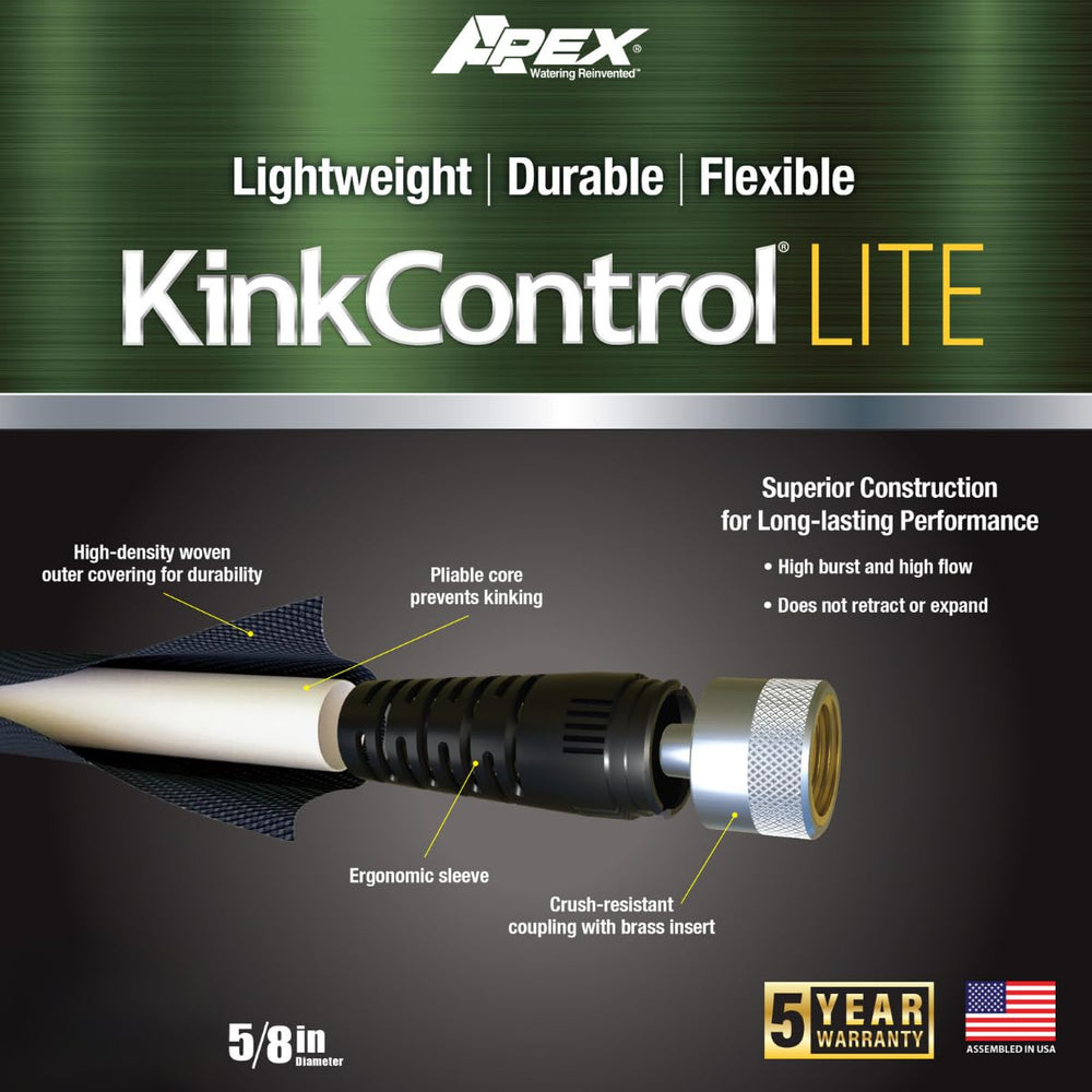 Teknor Apex Kink Control Lite garden hose coiled on a patio