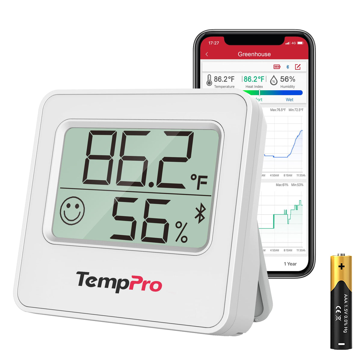 TempPro Bluetooth Digital Hygrometer front view in silver