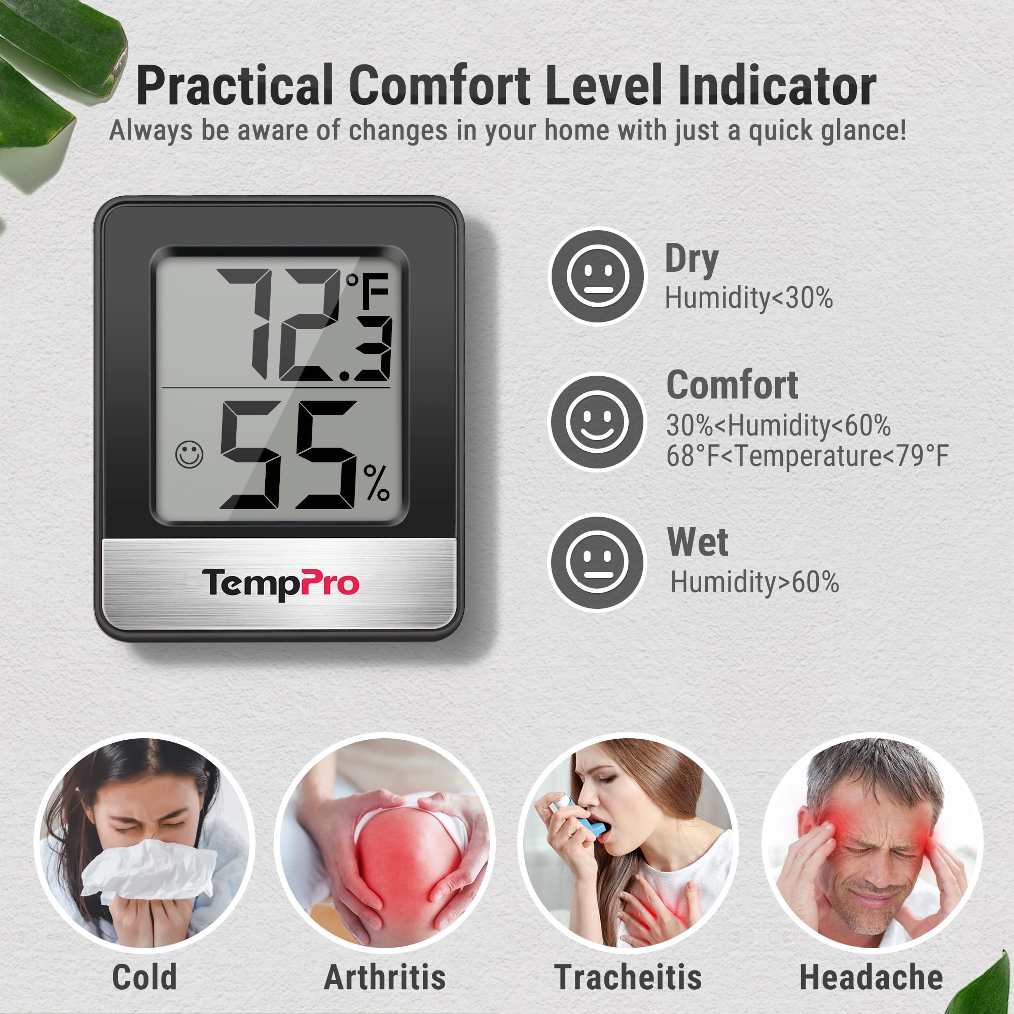TempPro Digital Hygrometer side view showing placement options