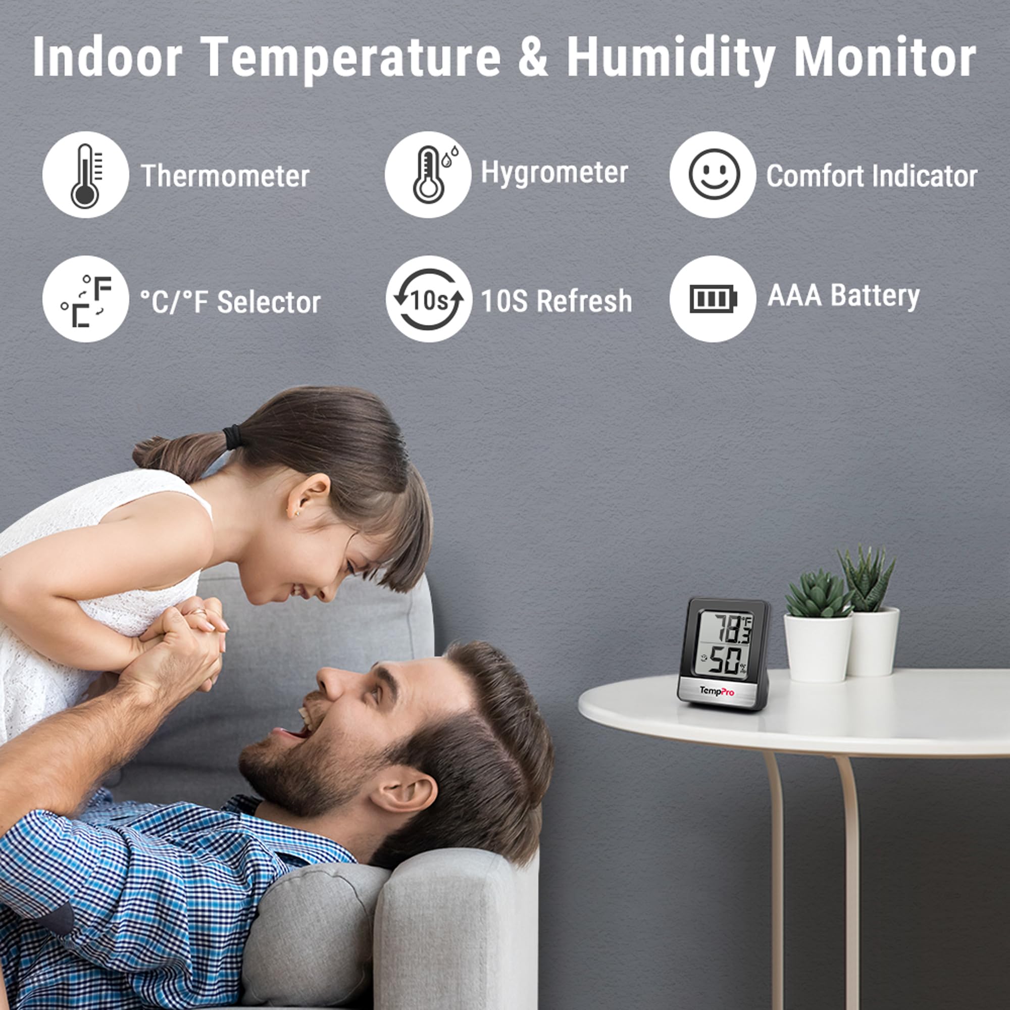 TempPro Digital Hygrometer with face icon comfort indicator